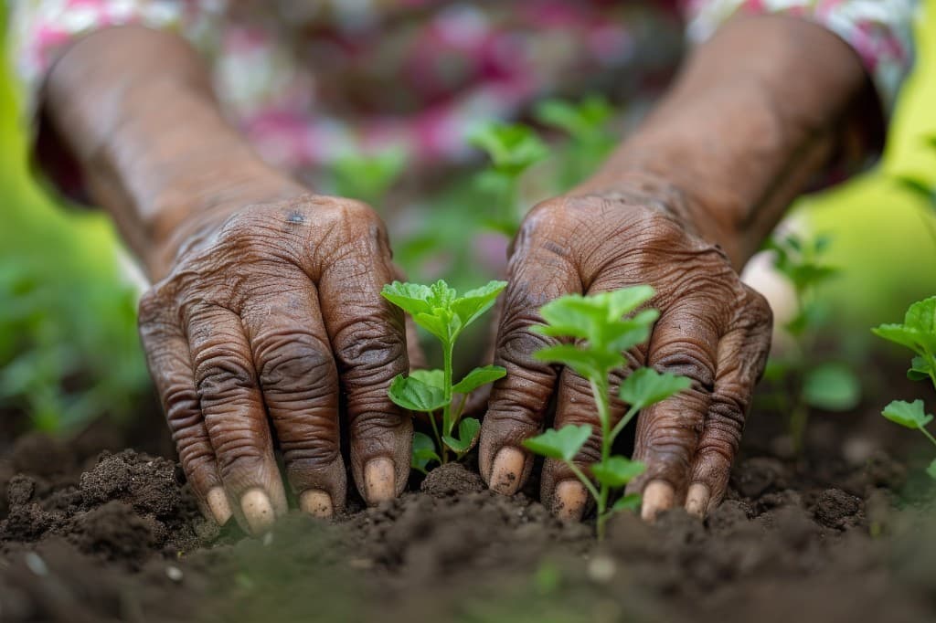 Mains cultivant des plants, symbole de développement